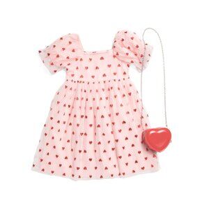 YOUNG HEARTS Pink/red Girls Puff Sleeve Heart Dress With Purse